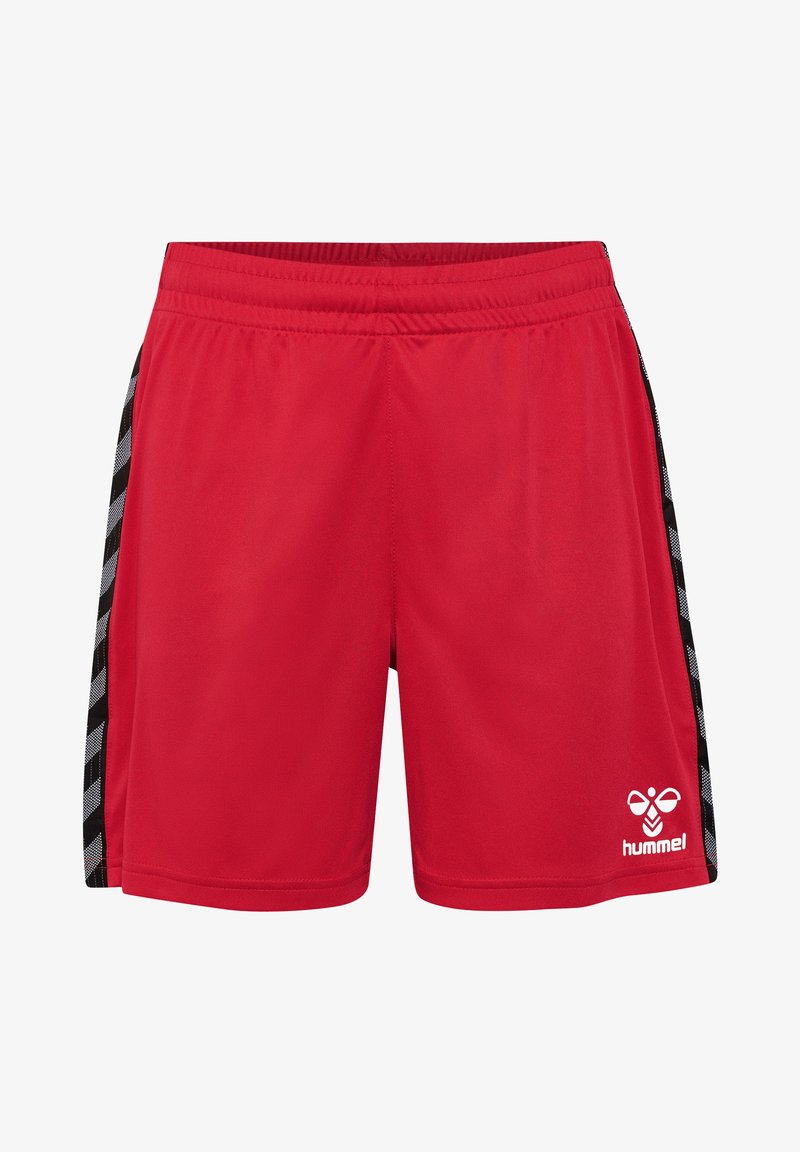 Rode sportieve shorts met een gestructureerde afwerking, voorzien van zijstrepen in zwart en wit. Logo geplaatst op het rechteronderbeen.