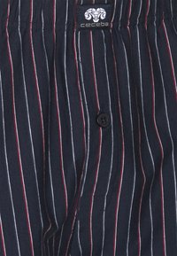 Shorts à rayures bleu marine en tissu doux. Présente des rayures rouges et blanches, une fermeture à boutons et une petite étiquette de logo près de la taille.
