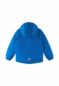 Giacca a vento blu con cappuccio, caratterizzata da un design trapuntato, polsini elasticizzati e una toppa quadrata con logo sulla parte bassa della schiena.