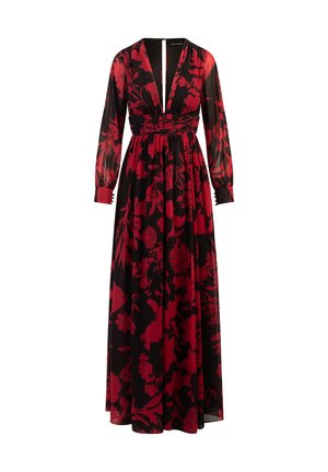 Abito maxi in tessuto nero trasparente con motivo floreale rosso, scollatura a V profonda, maniche lunghe, vita arricciata e chiusura con zip sul retro.