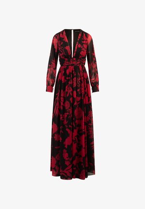 Abito maxi in tessuto nero trasparente con motivo floreale rosso, scollatura a V profonda, maniche lunghe, vita arricciata e chiusura con zip sul retro.
