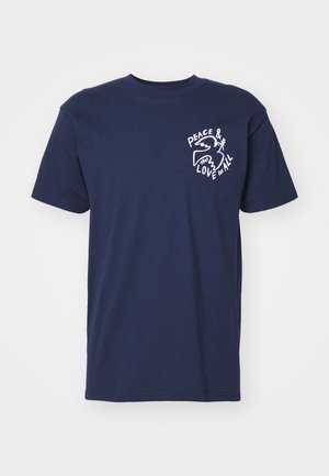 Navy blue cotton t-shirt with short sleeves, featuring a white graphic of a dove and text "PEACE & LOVE FOR ALL" on the left chest.