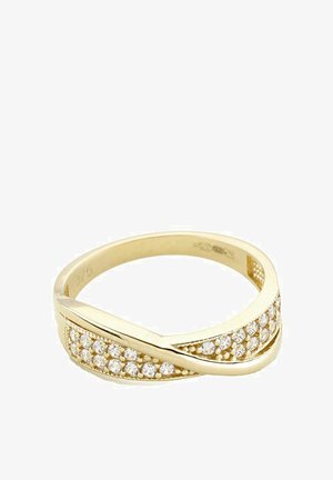 Gold ring featuring a twisted design with a row of small clear stones along one side, smooth texture, and a polished finish.