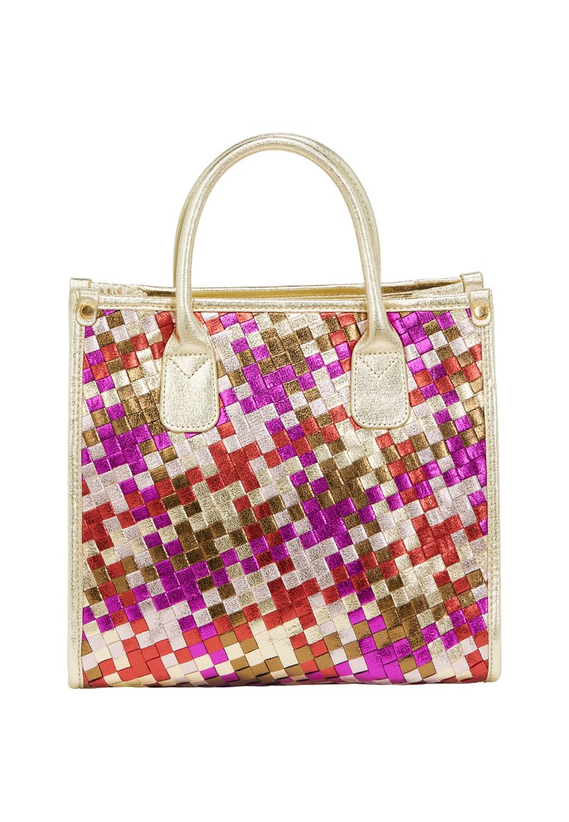 Metallische Handtasche mit einem geflochtenen Muster in Gold, Pink, Rot und Lila. Verfügt über zwei stabile Griffe und eine strukturierte Form.