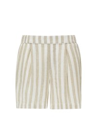 Beige und weiße gestreifte Leinen-Shorts mit flachem Bund, die zwei vordere Falten, eine taillierte Form und umsäumte Kanten aufweisen.