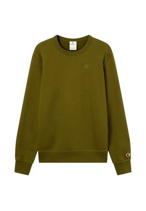 Felpa crewneck Champion verde oliva con maniche lunghe, piccolo logo ricamato sul petto e sul polsino della manica, polsini e orlo a costine.