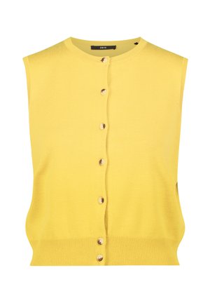 Yellow sleeveless cardigan with a round neckline, featuring gold-toned buttons down the front and a ribbed hem. Soft knit texture.