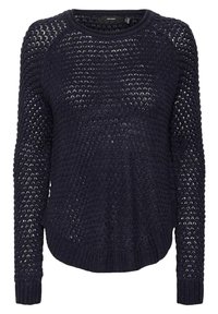 Maglione lavorato a maglia blu navy con un design a trama larga e ariosa, maniche lunghe e orlo arrotondato. Le maniche e il colletto a coste aggiungono texture.