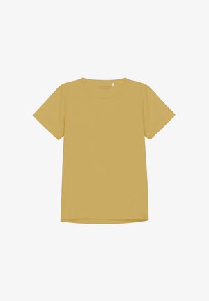 Žuta pamučna majica s kratkim rukavima, okruglim izrezom i ravnim rubom. Glatka tekstura i jednostavan dizajn bez uzoraka.