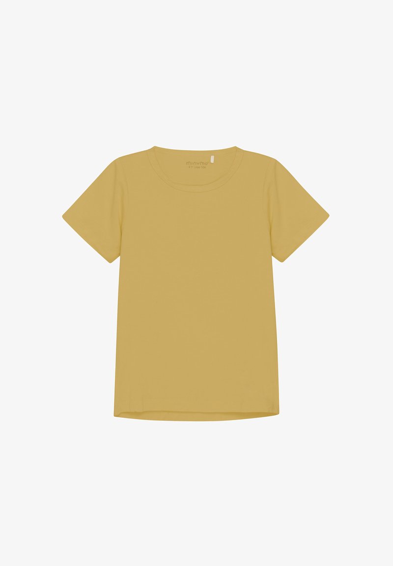 Žlté bavlnené tričko s krátkymi rukávmi, okrúhlym výstrihom a rovnom lemovaním. Hladká textúra a jednoduchý dizajn bez vzorov.