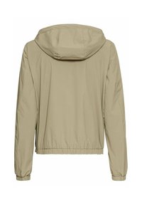 Lys beige jakke med hætte, elastiske manchetter og talje. Glat tekstur og enkelt design. Ingen synlige mønstre eller hardware detaljer.
