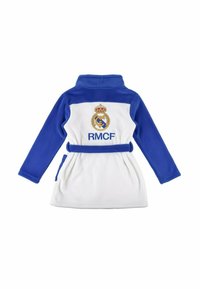 Fleecowy szlafrok w niebiesko-białe wzory z wysokim kołnierzem, paskiem do wiązania oraz haftowanym logo Real Madryt na plecach. Miękka faktura, długie rękawy.