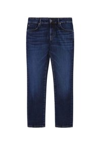 Mørkeblå denim jeans med lige ben, fem-lomme stil og subtile slidser detaljer foran. Knap og lynlås lukning.
