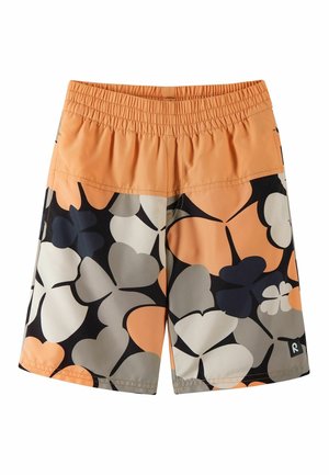 Szorty w pomarańczowy, szary, czarny i biały wzór kwiatowy, z elastycznym paskiem w talii i długością do połowy uda.