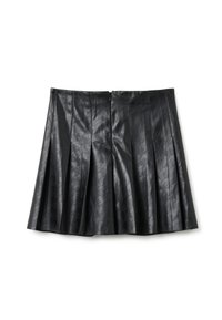 Gonna nera plissettata realizzata in ecopelle Texturizzata con un sottile motivo a gatto, dotata di una cerniera posteriore e una vita strutturata.