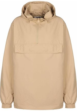Giacca a pullover con cappuccio beige, con mezza zip, tasca frontale, polsini elasticizzati e vestibilità comoda, realizzata in materiale leggero e liscio.