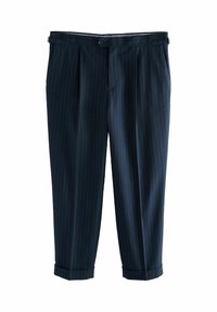 Navy pinstriped trousers, made from a smooth fabric, featuring pleats, a rolled hem, and a button closure at the waist.