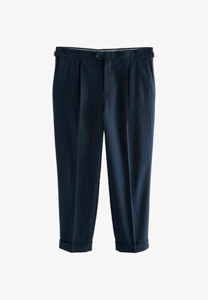 Marineblauwe gestreepte broek, gemaakt van een soepele stof, met plooien, een opgerolde zoom en een knoopsluiting in de taille.