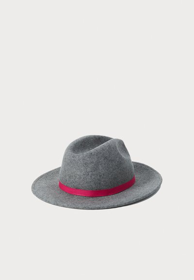 Gray felt hat with a wide brim and a fuchsia ribbon band. Smooth texture, slightly rounded crown with a shallow dent.