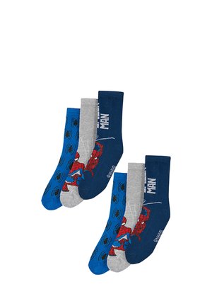 Two sets of three Spider-Man themed socks each: blue with black spiders, gray with Spider-Man graphic, and navy with "SPIDER-MAN" text and web design.