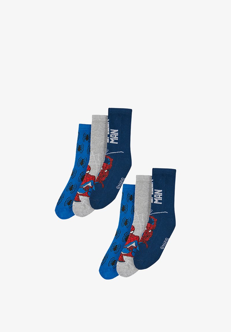Twee sets van elk drie Spider-Man themasokken: blauw met zwarte spinnen, grijs met een Spider-Man afbeelding, en donkerblauw met de tekst "SPIDER-MAN" en een webdesign.
