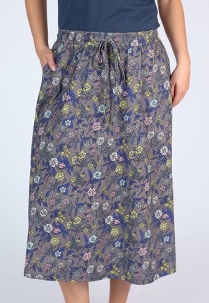 Grauer Rock mit Blumenmuster, der bunte Blumen in Pink, Blau und Gelb zeigt. Elastischer Bund mit Kordelzug; seitliche Taschen sind integriert.