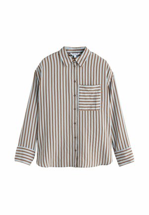 Langärmliges Hemd zum Knöpfen mit braunen und hellblauen vertikalen Streifen und einer Brusttasche mit horizontalen Streifen.