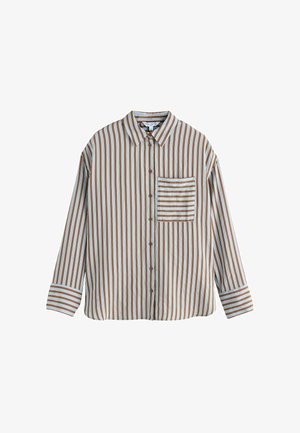 Garām piedurknēm pogājama krekla ar brūnām un gaiši zilām vertikālām svītrām un vienu krūšu kabatu ar horizontālām svītrām.