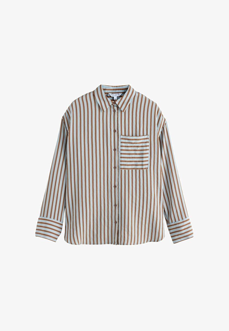 Chemise à manches longues avec boutons, rayures verticales marron et bleu clair, et une poche poitrine avec des rayures horizontales.
