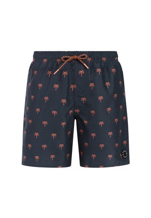 Marineblauwe zwembroek met kleine oranje palmbomenpatronen en een oranje trekkoord aan de elastische tailleband.