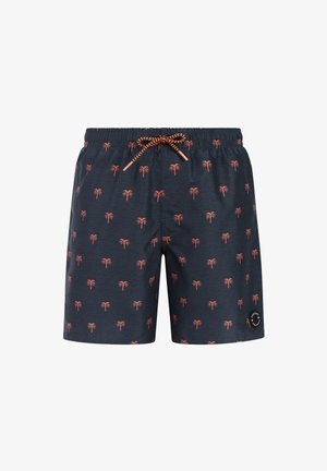 Marineblauwe zwembroek met kleine oranje palmbomenpatronen en een oranje trekkoord aan de elastische tailleband.