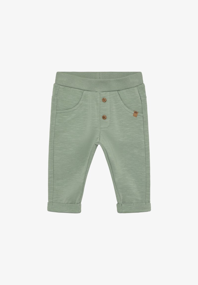 Groene, zachte stoffen broek met twee voorzakken, voorzien van een knoopsluiting en opgerolde omslagen. Fijne textuur en bruine knoopdetails.