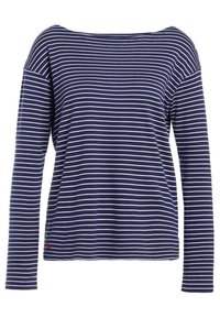 Navyblaues Langarmoberteil mit weißen horizontalen Streifen, weitem Ausschnitt, lässiger Passform und subtiler roter Logoakzent am Saum. Weicher Stoff.