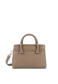 Piccola borsa a tracolla in pelle beige con un design strutturato, manici superiori, tracolla staccabile e dettagli in metallo dorato.