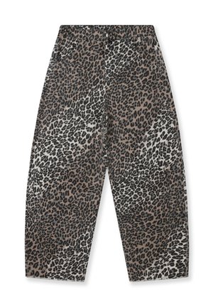 Pantalon imprimé léopard en tons beige, brun et noir. Comprend une taille élastique et deux poches avant. Coupe à jambes larges.