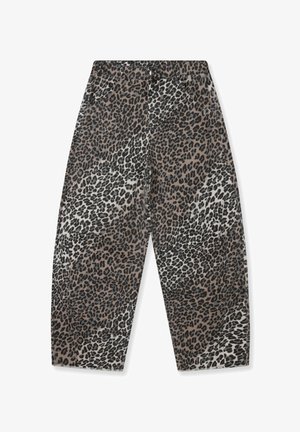 Luipaardprint broek in beige, bruine en zwarte tinten. Voorzien van een elastische tailleband en twee voorzakken. Wijde pijpen.