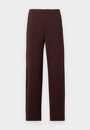 Brune, højtaljede bukser med lige ben lavet af et glat stof. Har sidelommer og et rent, ubesværet design.