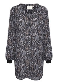 Blouse noire à motif floral avec un col en V, des manches longues et des poignets élastiques. Présente un mélange de motifs floraux bleus, blancs et marron sur un tissu transparent.