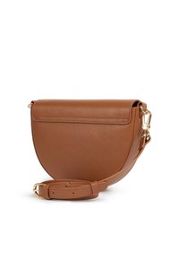 Brown leather crossbody bag with a half-moon shape, textured finish, fold-over flap, and adjustable strap with gold-tone hardware.