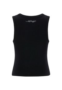 Sort ærmeløs tanktop, lavet af glat stof, med rund halsudskæring og broderet logo på ryggen. Enkel design uden mønstre.