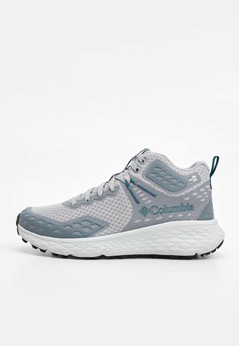 Graue Sportschuhe mit Obermaterial aus Mesh, türkisfarbenen Akzenten und strukturiertem Gummisohle. Verfügt über eine gepolsterte Zwischensohle und ein Logo an der Seite.