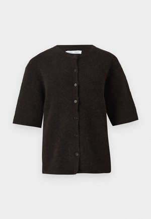 Dark brown, short-sleeved cardigan, textured knit material, round neckline, front button closure with five dark buttons.