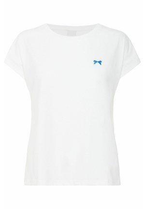 White cotton T-shirt with short sleeves, featuring a small blue bow embroidery on the left chest. Classic crew neckline, regular fit.