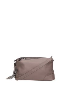 Borsa a tracolla in pelle di grigio tenue, con chiusura con zip, forma piatta e dettaglio decorativo a frange. Tessuto liscio con cuciture sottili.