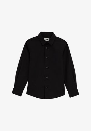 Camicia nera a maniche lunghe con collo classico, chiusura con bottoni sul davanti e orlo arrotondato. Realizzata in tessuto liscio con sei bottoni abbinati.