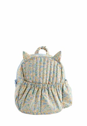 Quilted fabric backpack in pastel floral pattern. Features rounded ears, gathered accent, and side pocket. Main color is light blue with pink and green flowers.