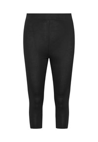 Svarta trekvartsleggings, slät yta, elastisk midja, figurnära design, inga synliga mönster eller metalldetaljer.