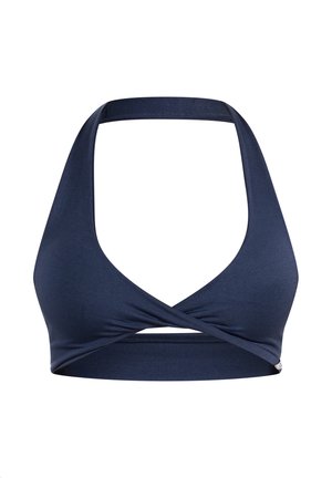 Granatowy sportowy biustonosz z krzyżowanym przodem, szerokimi ramiączkami i wspierającym pasem na dole. Wykonany z gładkiego, elastycznego materiału.