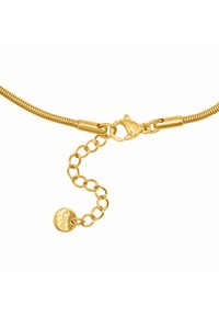 Goldfarbene Metallkette mit einer flexiblen Schlangenkette, ausgestattet mit einem Karabinerverschluss und einer Verlängerungskette mit einem runden Anhänger.