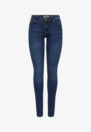 Jean skinny bleu foncé en denim, doté d'une fermeture à bouton à l'avant et de cinq poches. Texture lisse avec un minimum de décoloration ou d'usure.